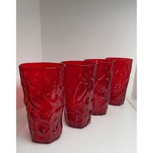 1950s Crinkle Ice Driftwood Tree Bark Ruby Red 12 oz Seneca Morgantown Glasses 4